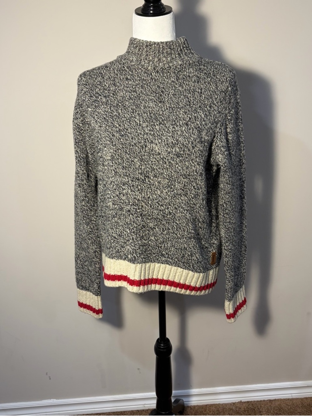 Roots Gray Marled Turtleneck Sweater with Cream & Red Trim